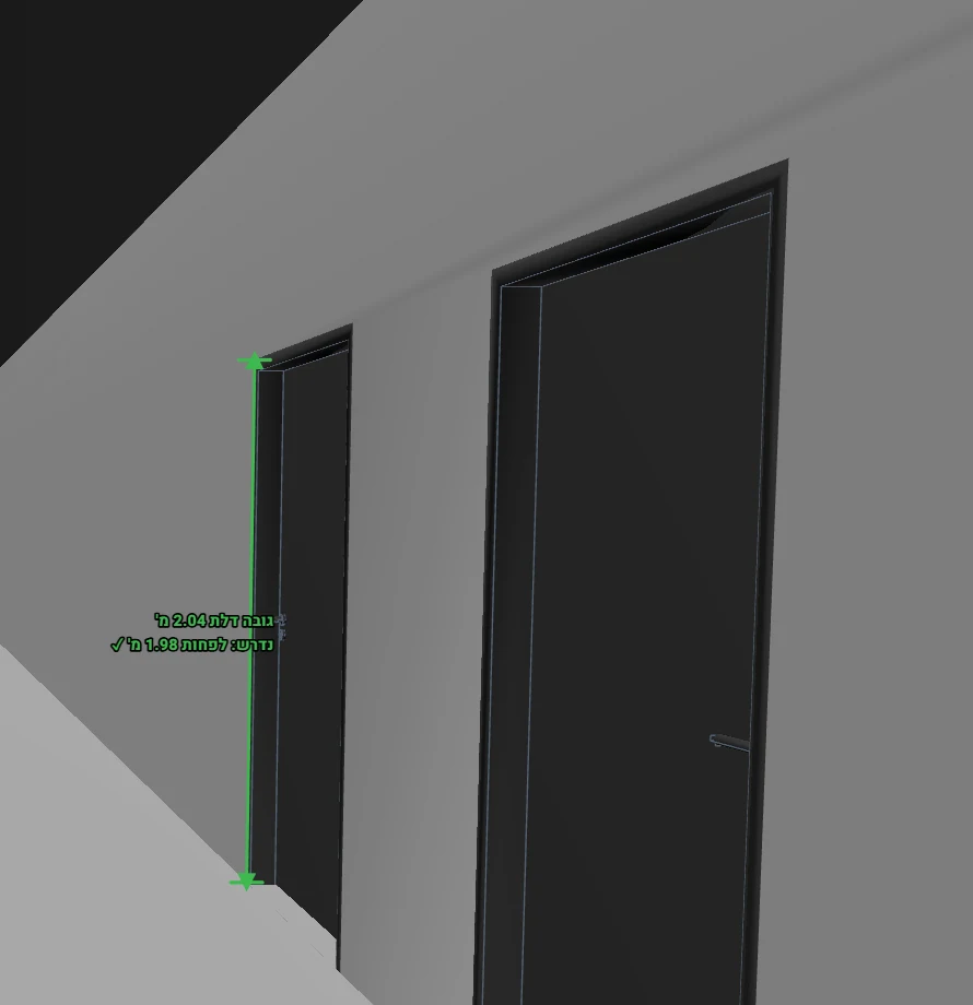 A door measured at 2.04 m in 3D, passing the 1.98 m requirement, marked with a green arrow.